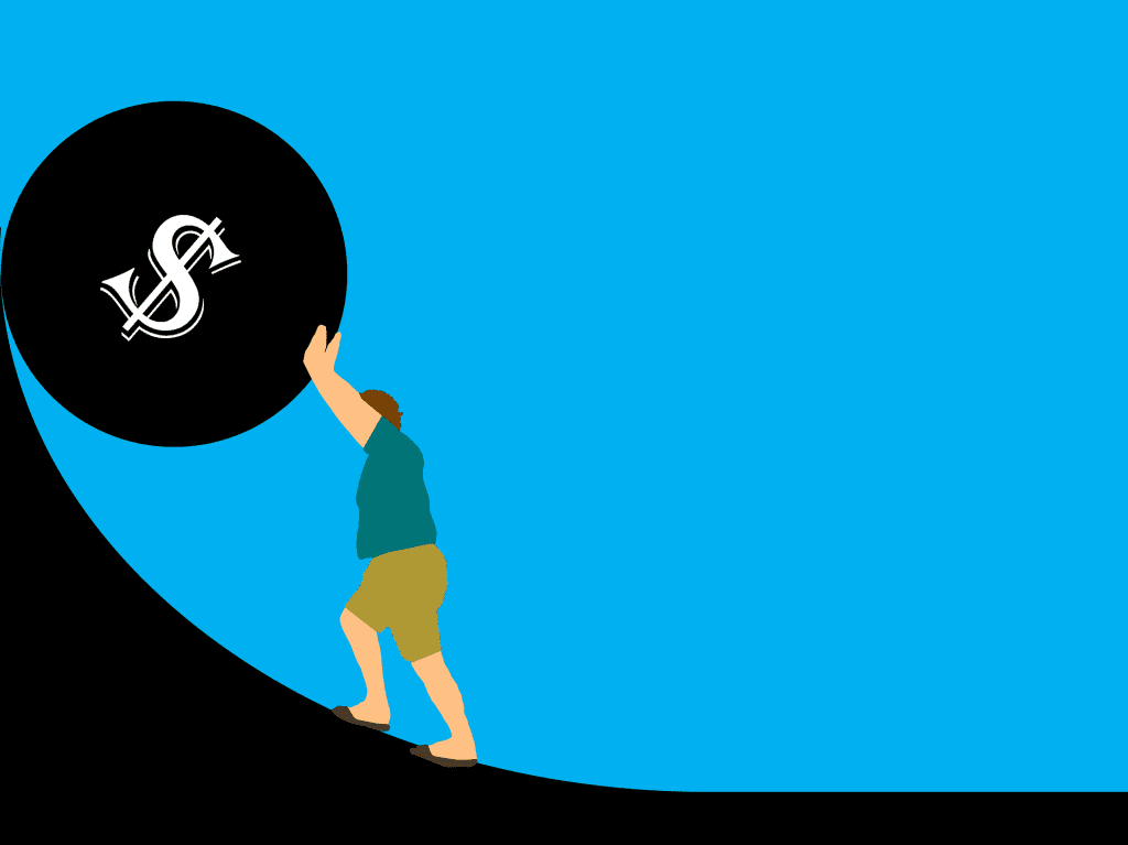 A man pushes a boulder with a dollar sign uphill, which is what installment loans can feel like sometimes.